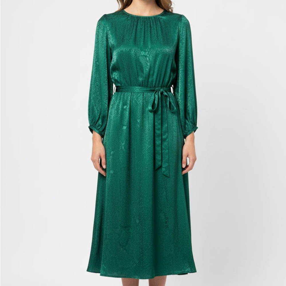 Sandra Darren Shimmering Emerald Green Long Sleeve Midi Dress with Tie Waist